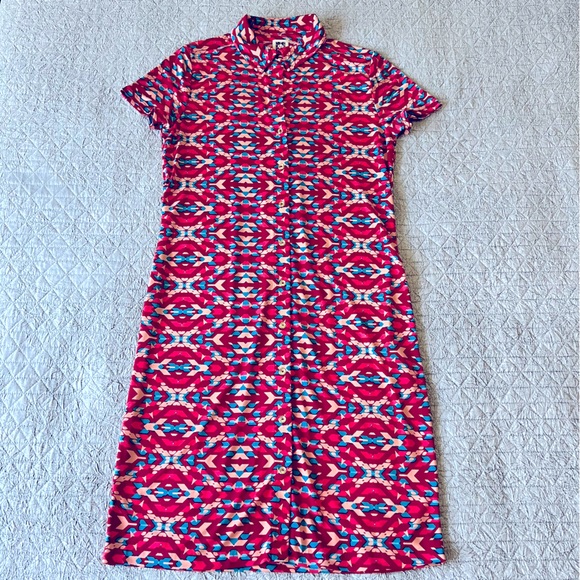 Anne Klein Womens gold Button Front Dress Size s Stretchy red & blue pattern - Picture 7 of 8